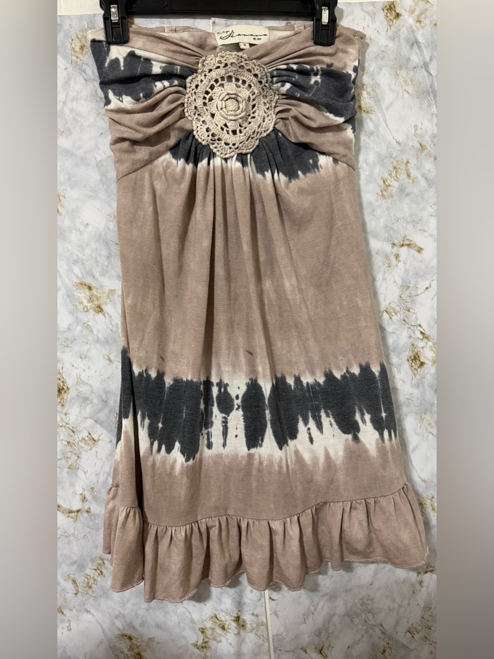 Vintage Havana Taupe & Black Tie-Dye Maxi Skirt with Crochet Medallion